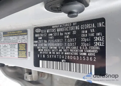 2013 Kia Sorento Lx V6 z USA, uszkodzony, nr VIN 5XYKTDA28DG315362